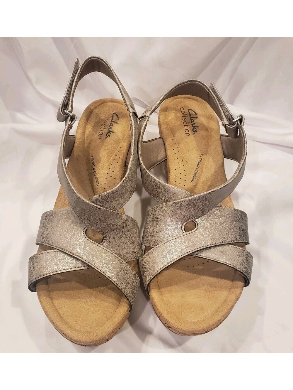 Clarks Rose Style Womens 9M Taupe Metallic Cork Wedge Sandals New
